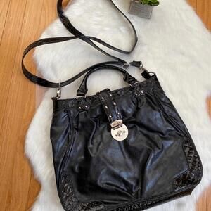 Black Leather Women's Tote Bag with Adjustable Strap